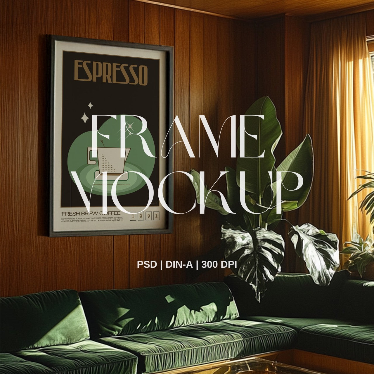 Retro 70s lounge PSD Frame Mockup
